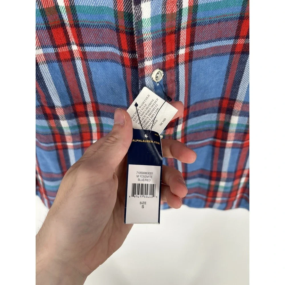 Polo Ralph Lauren Button Up Shirt Mens Small Blue Red Plaid Flannel‎ Two Pockets